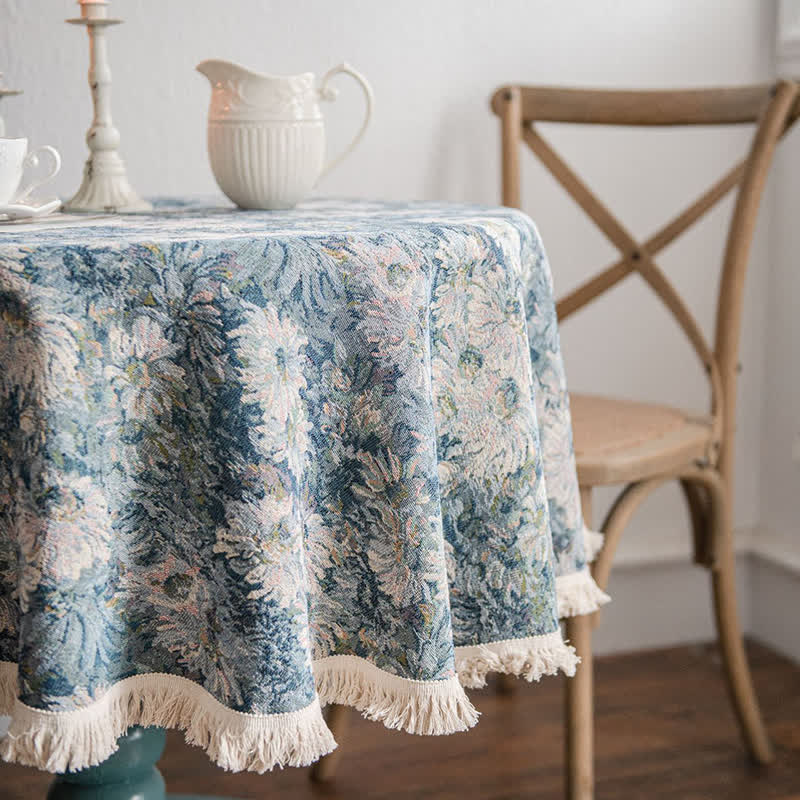 Nappe ronde style peinture à l'huile avec pompon jacquard