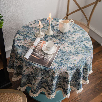 Nappe ronde style peinture à l'huile avec pompon jacquard