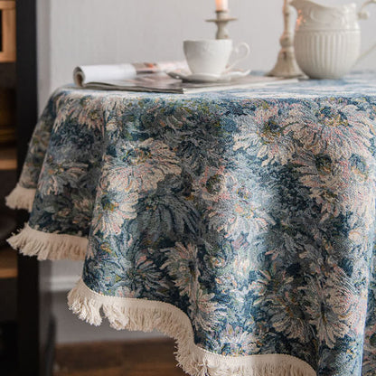 Nappe ronde style peinture à l'huile avec pompon jacquard