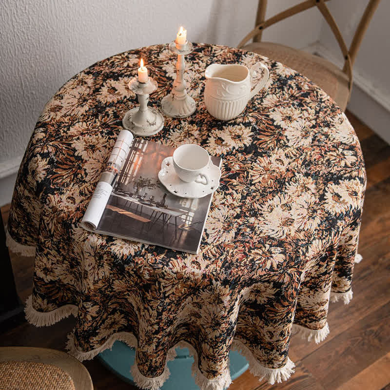 Nappe ronde style peinture à l'huile avec pompon jacquard