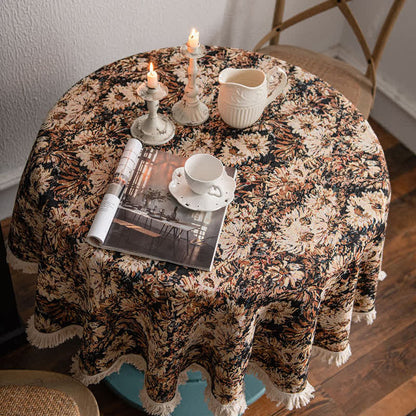 Nappe ronde style peinture à l'huile avec pompon jacquard
