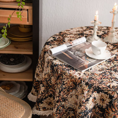 Nappe ronde style peinture à l'huile avec pompon jacquard