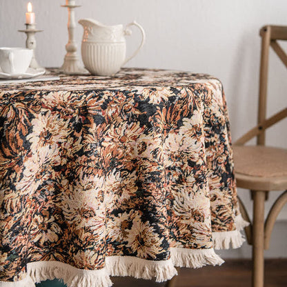 Nappe ronde style peinture à l'huile avec pompon jacquard
