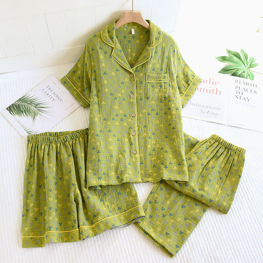 Ensemble pyjama en coton jacquard avec revers en trèfle (3 pièces)