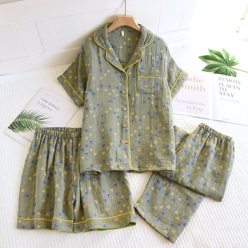 Ensemble pyjama en coton jacquard avec revers en trèfle (3 pièces)