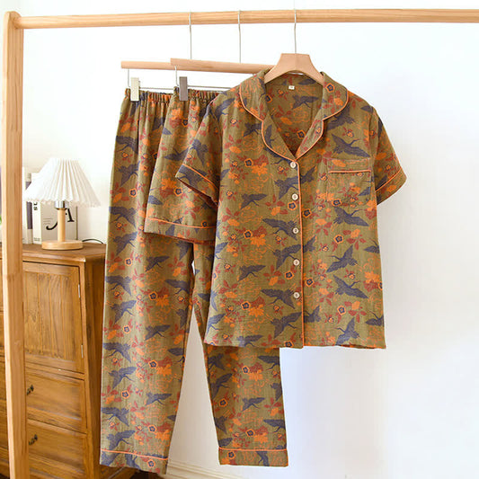 Ensemble pyjama en coton avec motif jacquard fleurs et oiseaux (3 pièces)