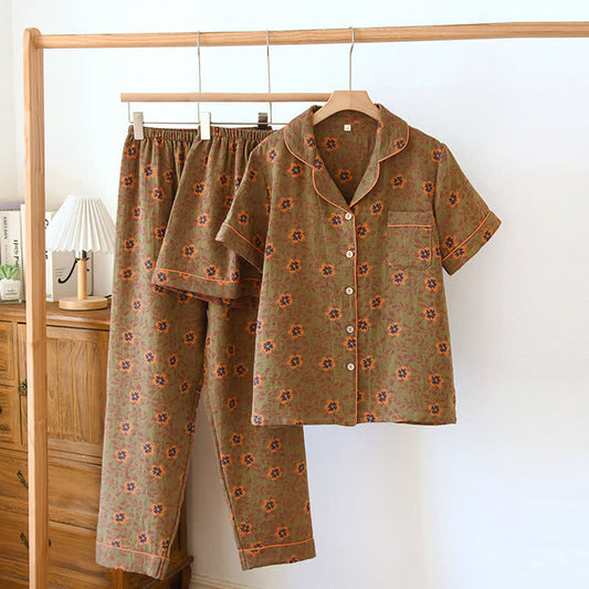 Ensemble pyjama en coton jacquard fleuri teint en fil (3 pièces)