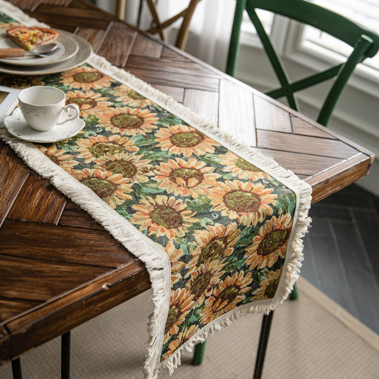 Chemin de table jacquard de style vintage avec motif tournesol