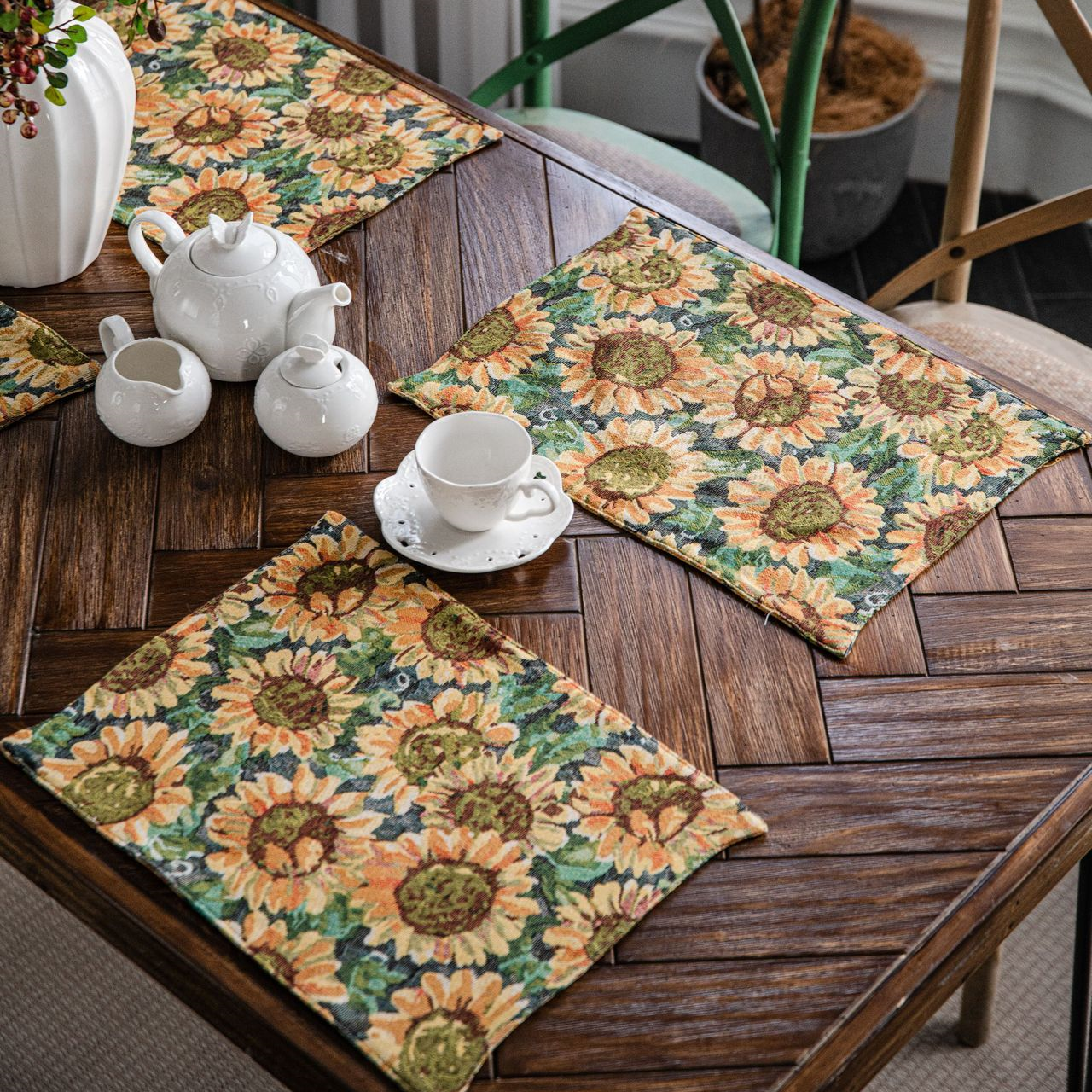 Set de table avec motif tournesol et motif jacquard (4 pièces)