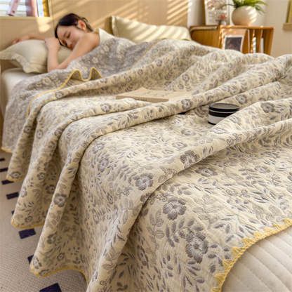 Couette en gaze de coton à trois couches à motif floral rafraîchissant - Jaune clair et gris - 200cm x 230cm - image 0