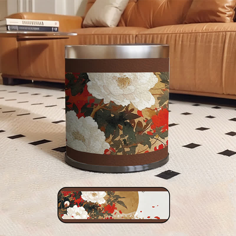 Poubelle décorative de grande capacité avec motif de fleurs et d'oiseaux