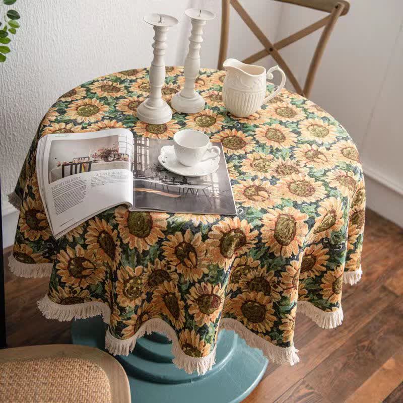Nappe ronde décorative avec pompon tournesol