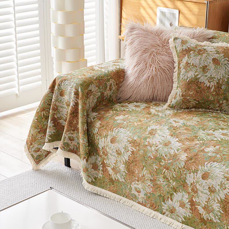 Housse de canapé en coton et lin de style pastoral avec pompon