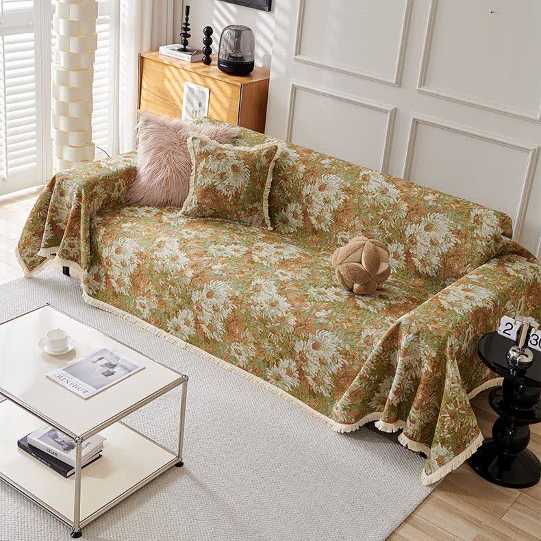 Housse de canapé en coton et lin de style pastoral avec pompon