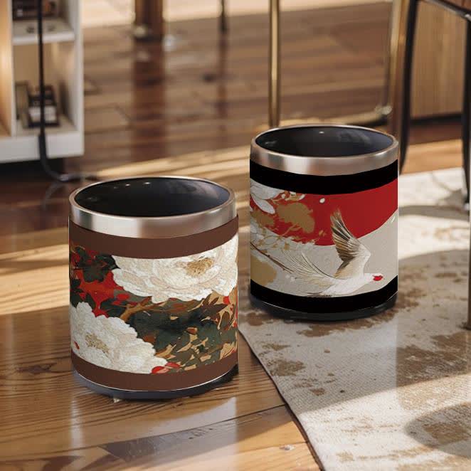 Poubelle décorative de grande capacité avec motif de fleurs et d'oiseaux