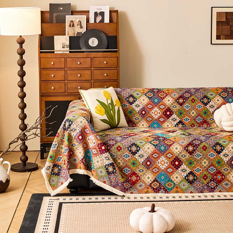Housse de canapé vintage en coton et lin avec un motif jacquard à carreaux