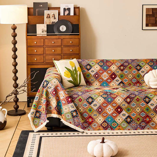 Housse de canapé vintage en coton et lin avec un motif jacquard à carreaux