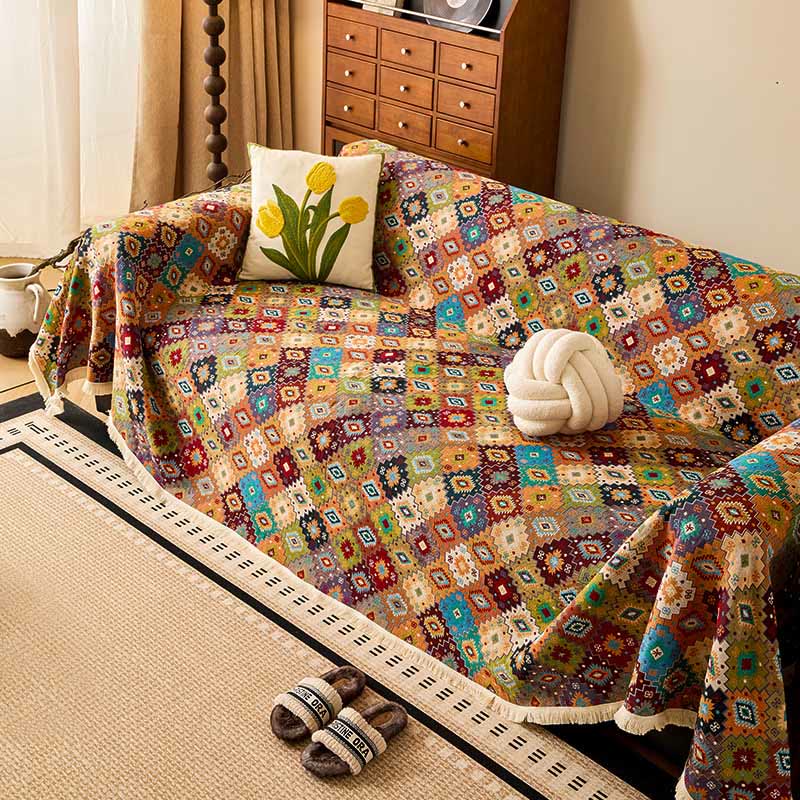 Housse de canapé vintage en coton et lin avec un motif jacquard à carreaux