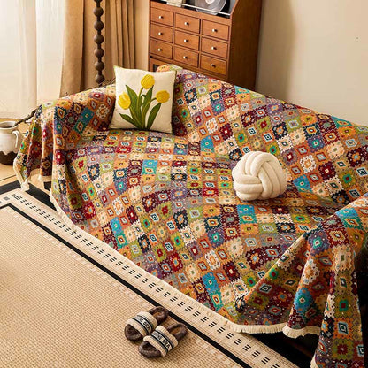 Housse de canapé vintage en coton et lin avec un motif jacquard à carreaux