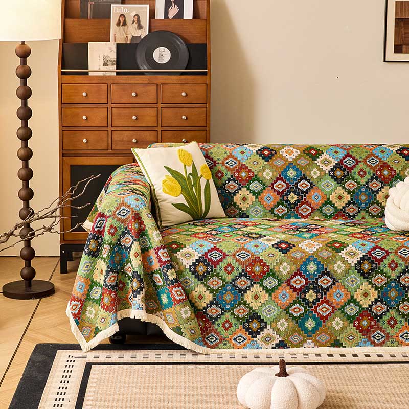 Housse de canapé vintage en coton et lin avec un motif jacquard à carreaux