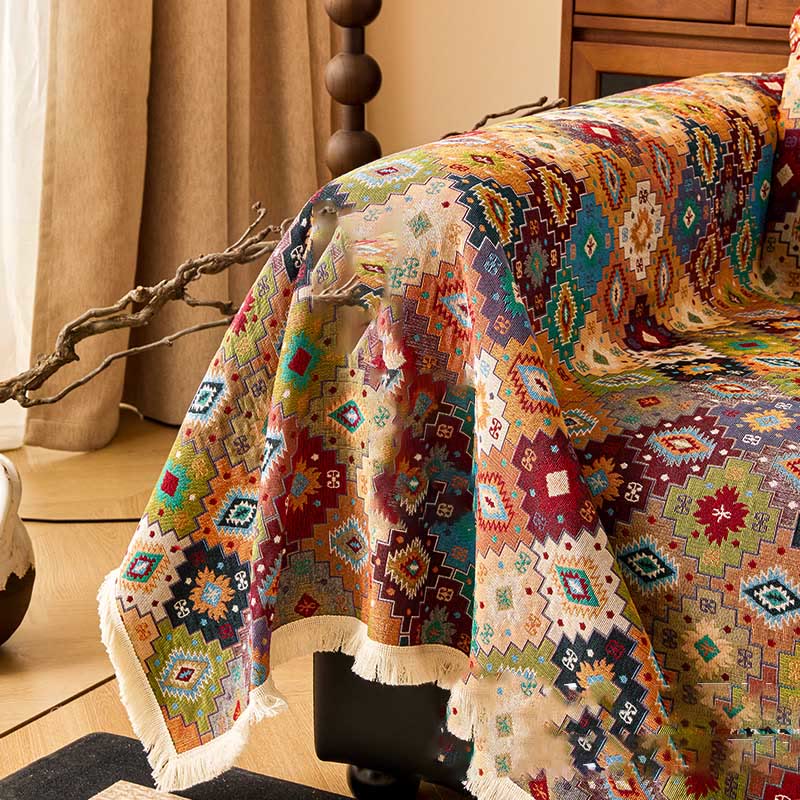 Housse de canapé vintage en coton et lin avec un motif jacquard à carreaux