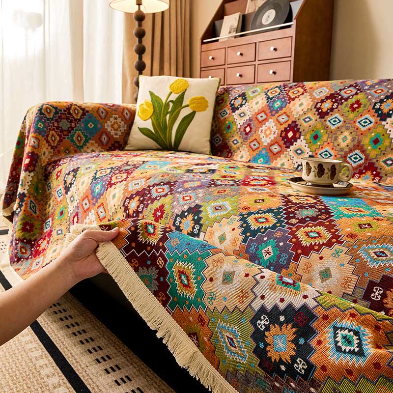 Housse de canapé vintage en coton et lin avec un motif jacquard à carreaux