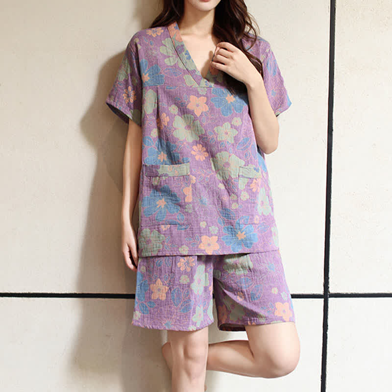 Ensemble pyjama en coton fleuri à col en V grande taille