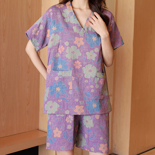 Ensemble pyjama en coton fleuri à col en V grande taille