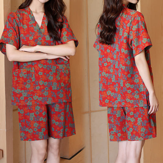 Ensemble pyjama à manches courtes en coton à imprimé floral grande taille