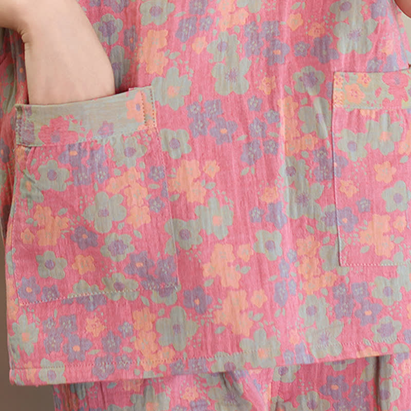 Ensemble pyjama à manches courtes en coton à imprimé floral grande taille