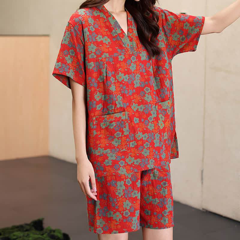 Ensemble pyjama à manches courtes en coton à imprimé floral grande taille