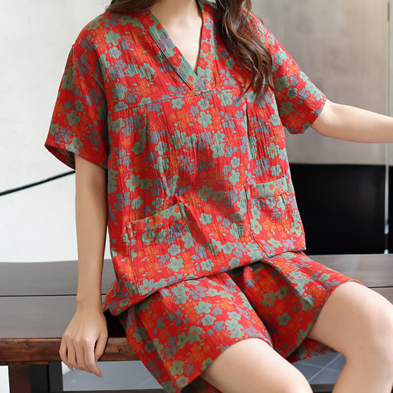 Ensemble pyjama à manches courtes en coton à imprimé floral grande taille