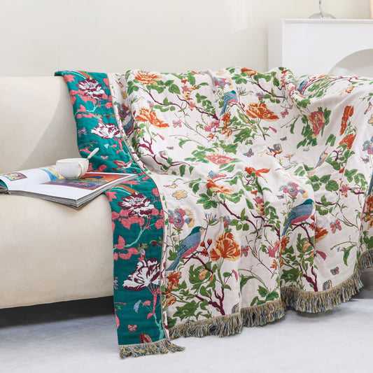 Couverture de canapé réversible en gaze de coton avec oiseau pivoine