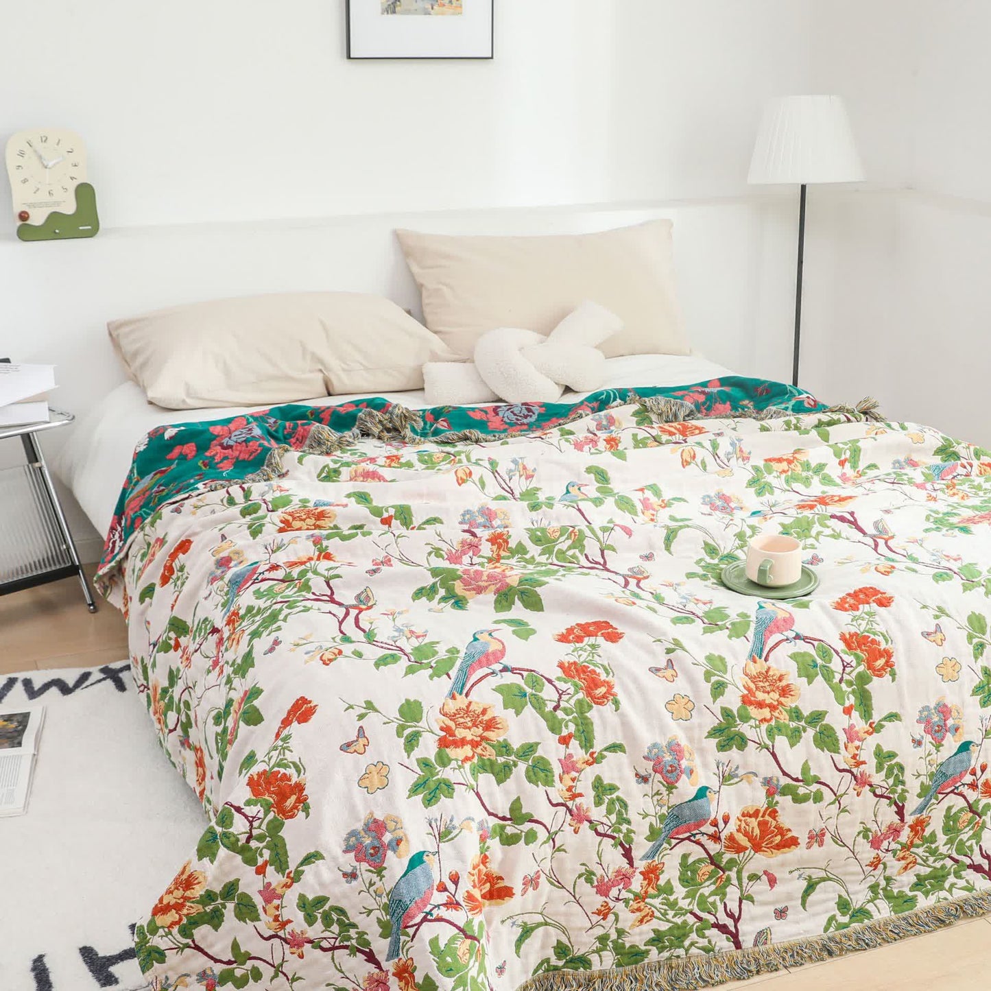 Couverture de canapé réversible en gaze de coton avec oiseau pivoine