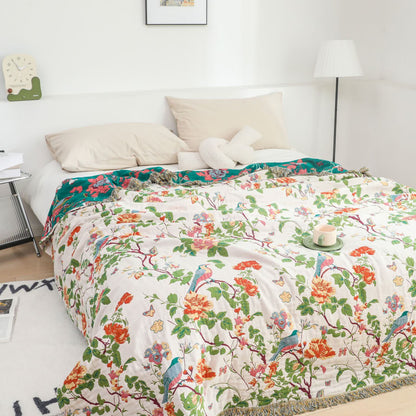 Couverture de canapé réversible en gaze de coton avec oiseau pivoine