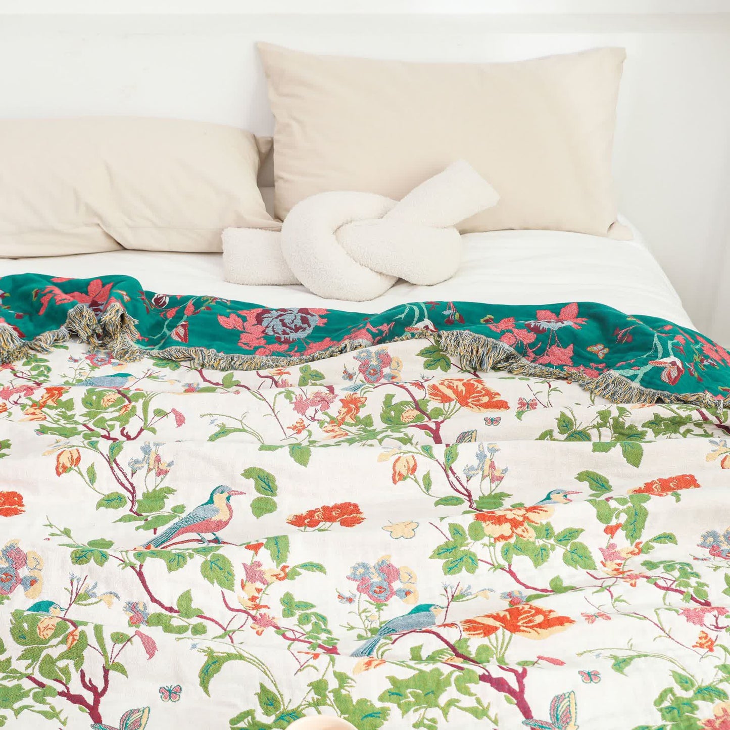 Couverture de canapé réversible en gaze de coton avec oiseau pivoine