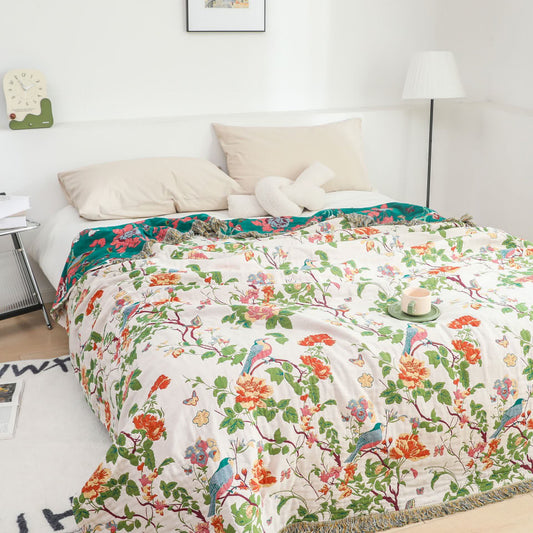 Couette réversible en gaze de coton avec pivoines et oiseaux