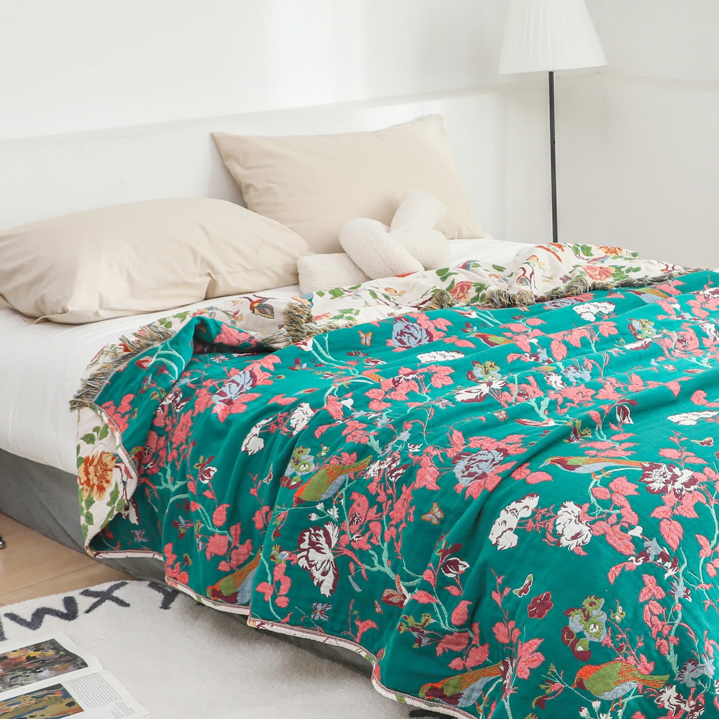 Couverture de canapé réversible en gaze de coton avec oiseau pivoine