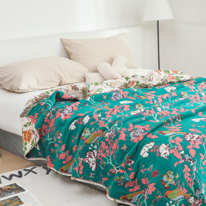 Couverture de canapé réversible en gaze de coton avec oiseau pivoine