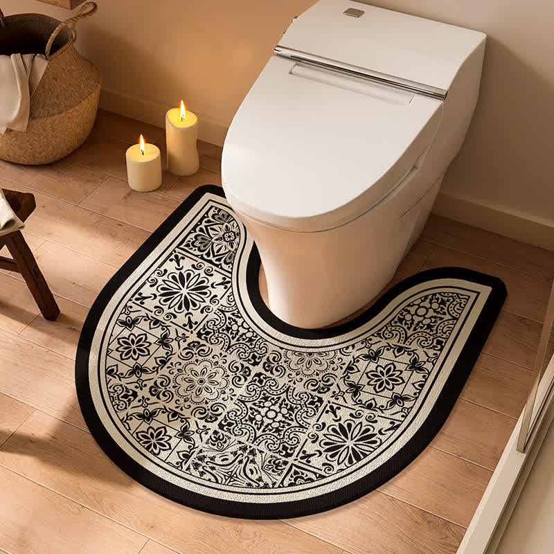Tapis de bain antidérapant en forme de U avec motif à carreaux floraux vintage