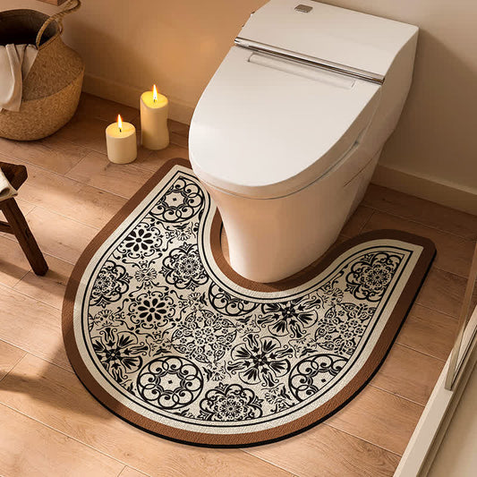 Tapis de bain antidérapant en forme de U avec motif à carreaux floraux vintage