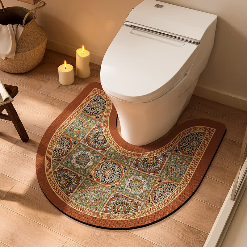 Tapis de bain antidérapant en forme de U avec motif à carreaux floraux vintage