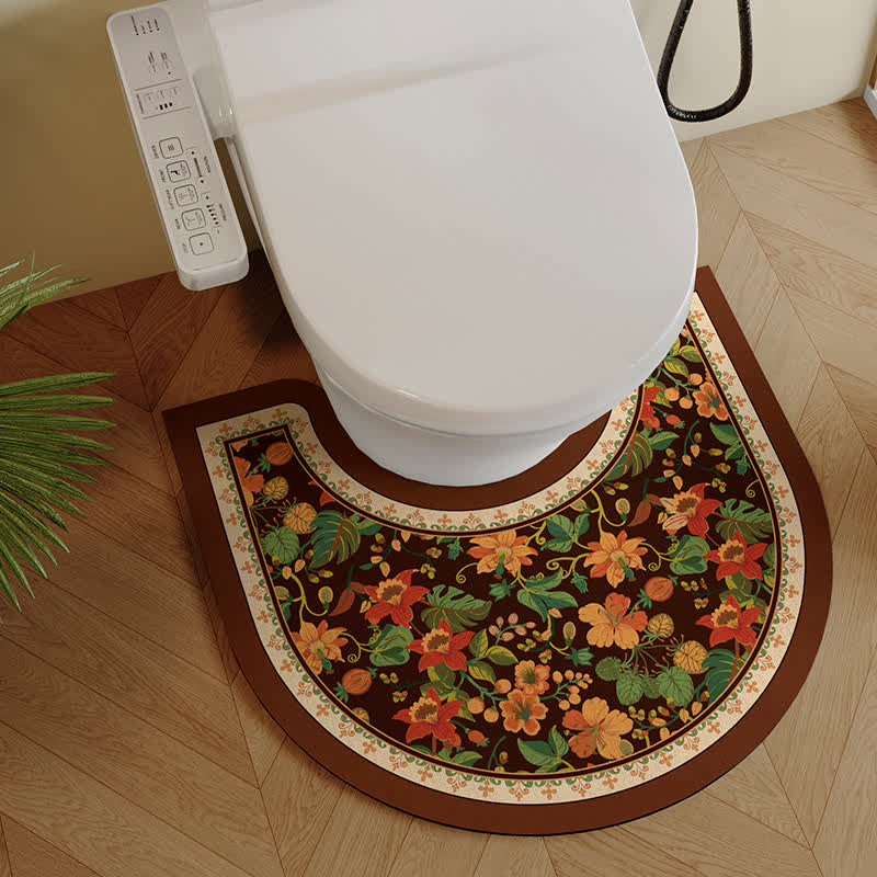 Tapis de bain antidérapant en forme de U avec motif floral vintage