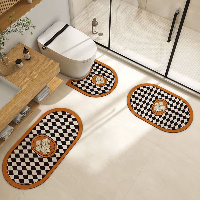 Tapis de bain antidérapant à motif floral et à carreaux rétro