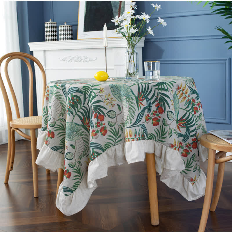 Nappe ronde à volants et imprimé végétal vert de style pastoral