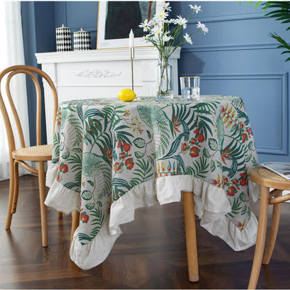 Nappe ronde à volants et imprimé végétal vert de style pastoral