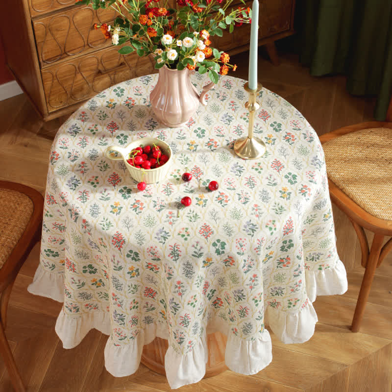 Nappe ronde à volants et imprimé végétal vert de style pastoral