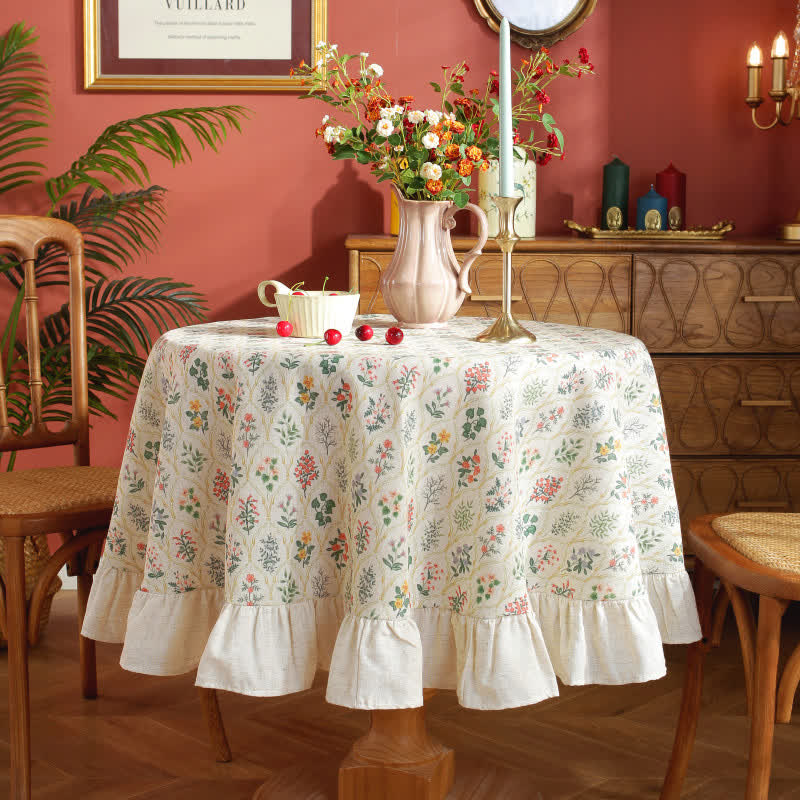 Nappe ronde à volants et imprimé végétal vert de style pastoral