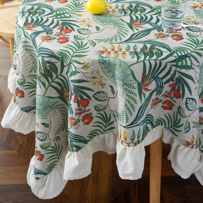 Nappe ronde à volants et imprimé végétal vert de style pastoral