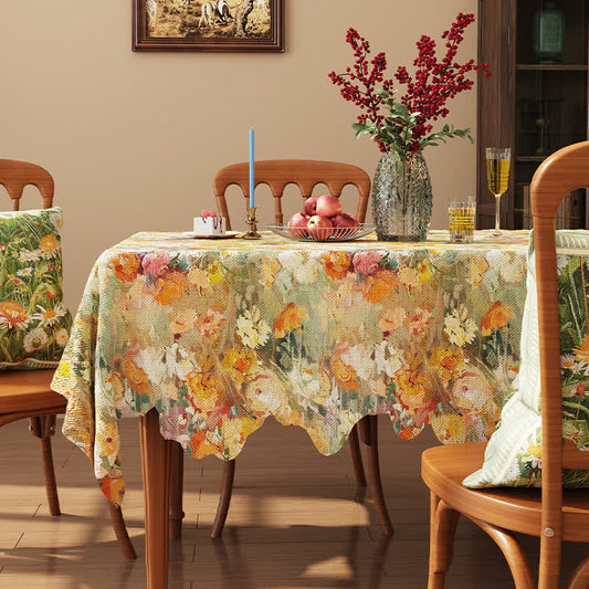 Nappe jacquard à bord festonné et motif floral style peinture à l'huile
